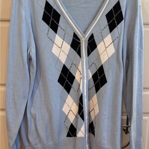 Izod Light Blue Argyle V-Neck Cardigan with Black and White Diamonds